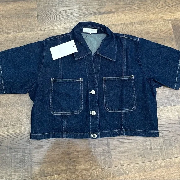 Zara Dark Blue Cropped Denim Button-Down Shirt - Picture 2 of 4